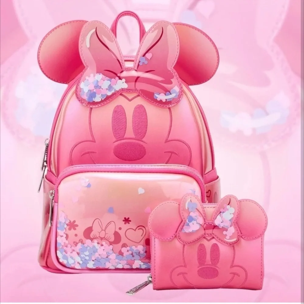 Pink Disney Minnie Mouse Loungefly Confetti Glitter Backpack and Wallet Set